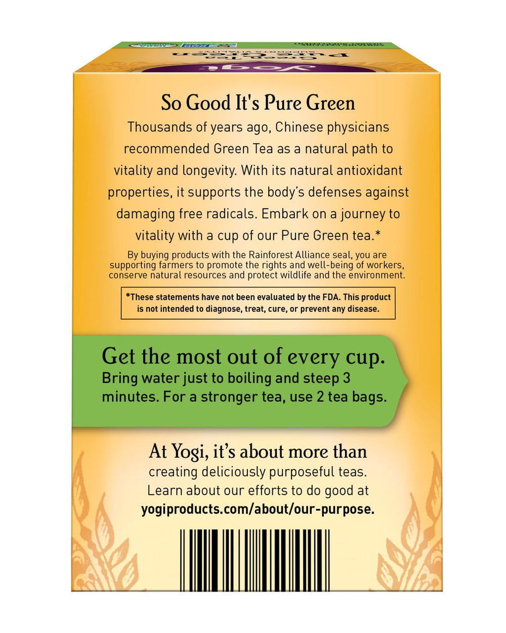 Yogi Tea Pure Green tea bag highlighting compostable packaging.