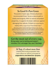 Yogi Tea Pure Green tea bag highlighting compostable packaging.