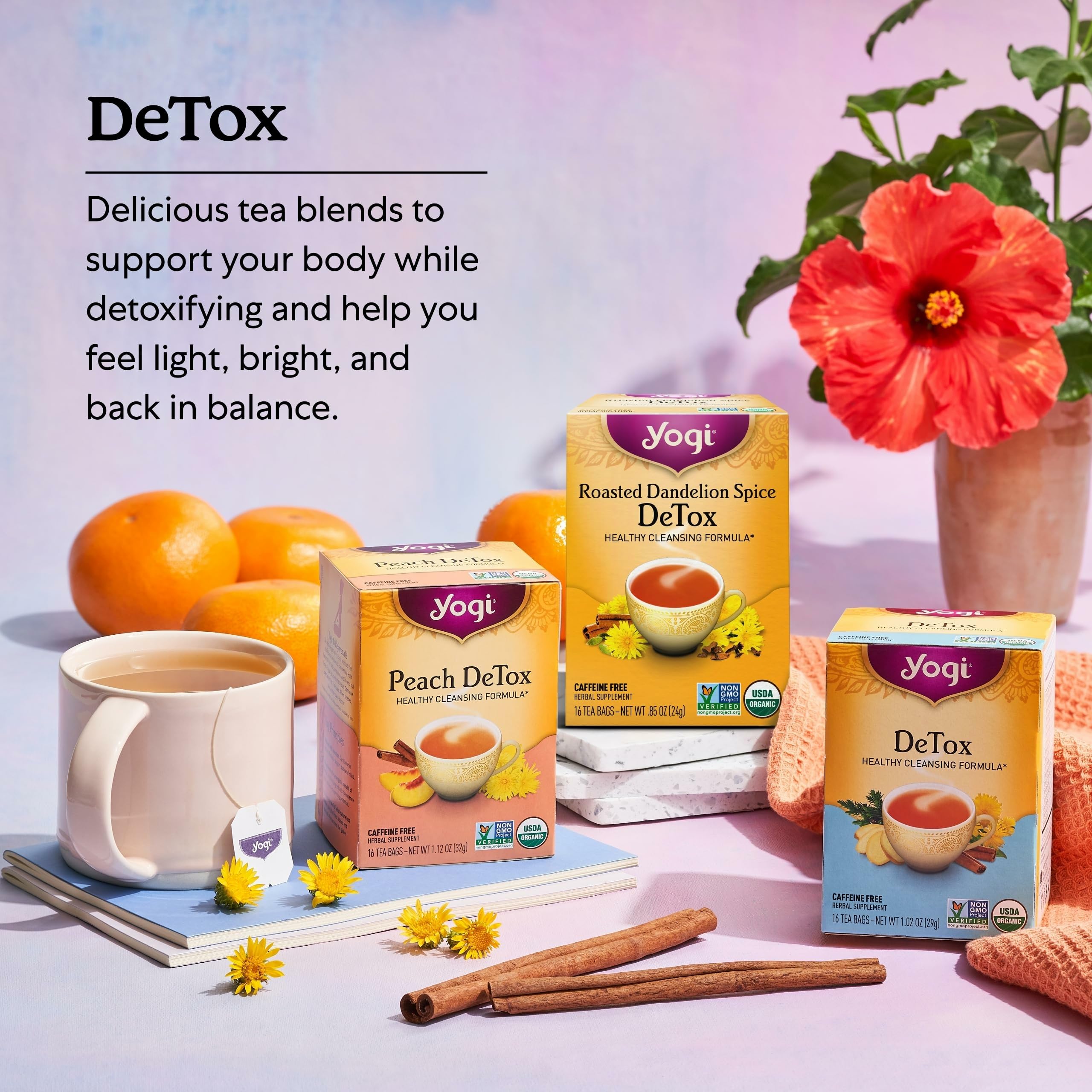 USDA Organic and NON-GMO label on Yogi Roasted Dandelion Spice DeTox packaging.