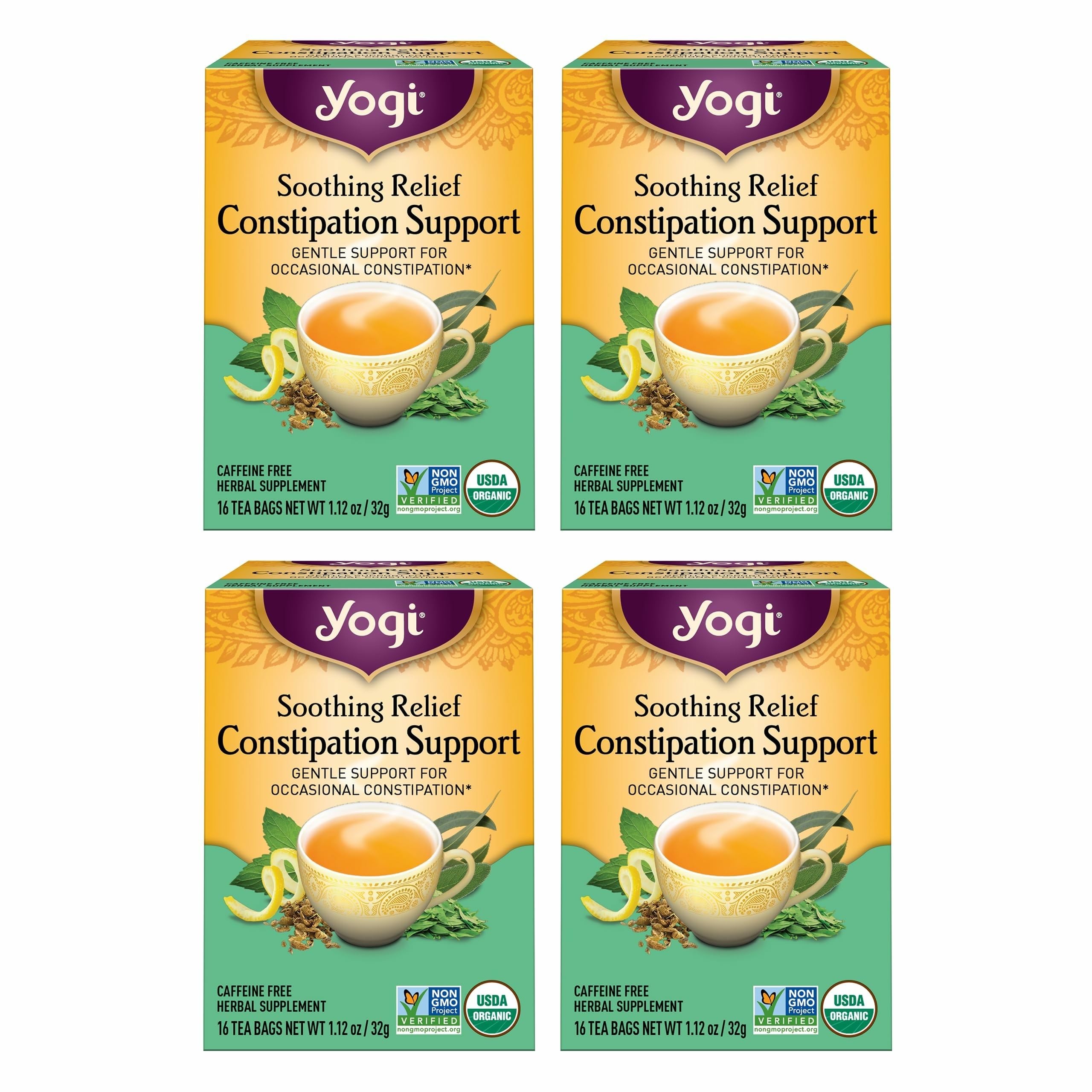 Yogi Soothing Relief Constipation tea with senna leaves for gentle overnight support.