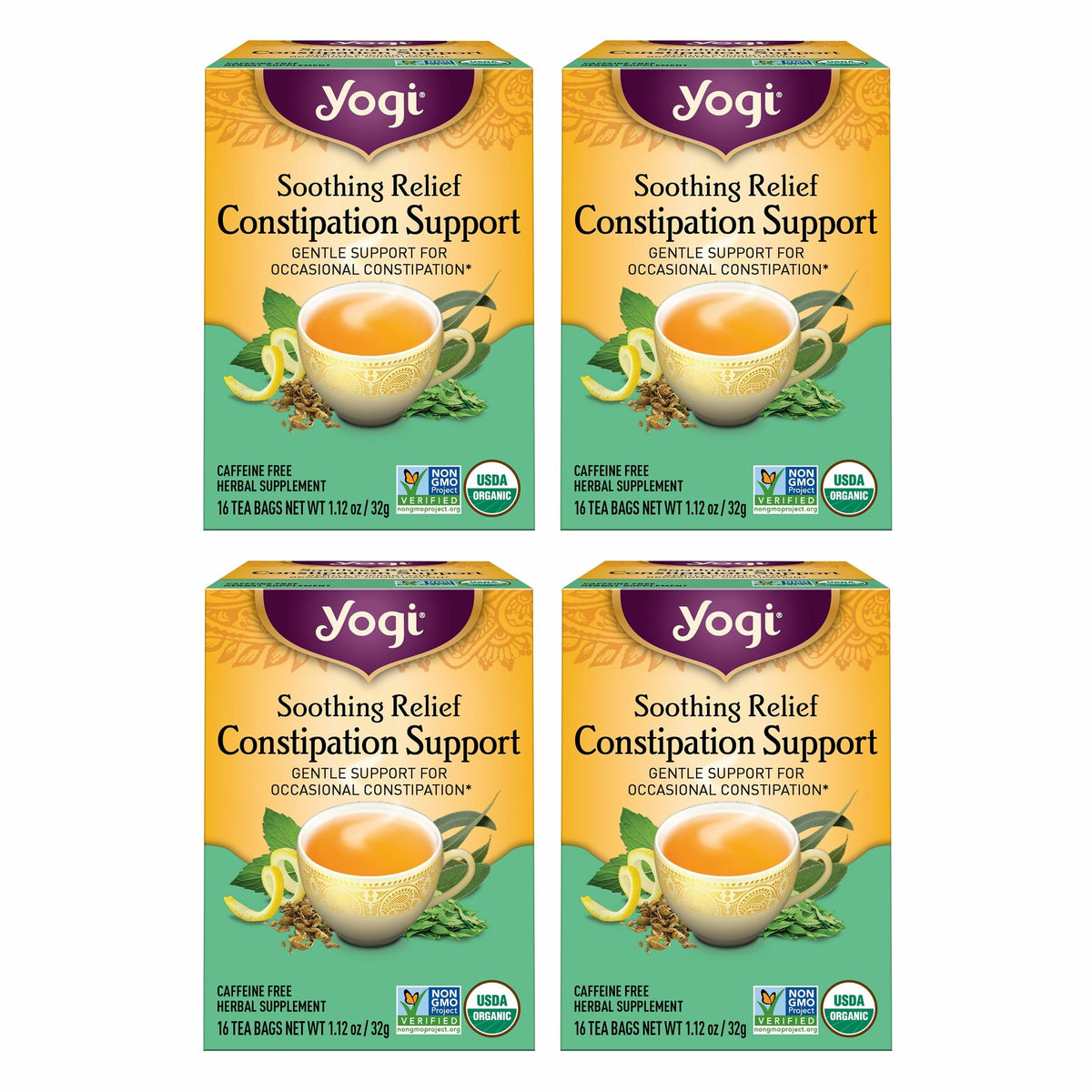 Yogi Soothing Relief Constipation tea with senna leaves for gentle overnight support.