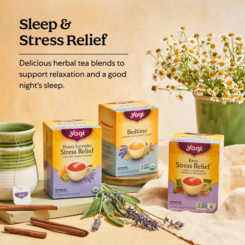 Relaxed moment with Yogi Tea Spiced Apple Chamomile promoting evening relaxation.