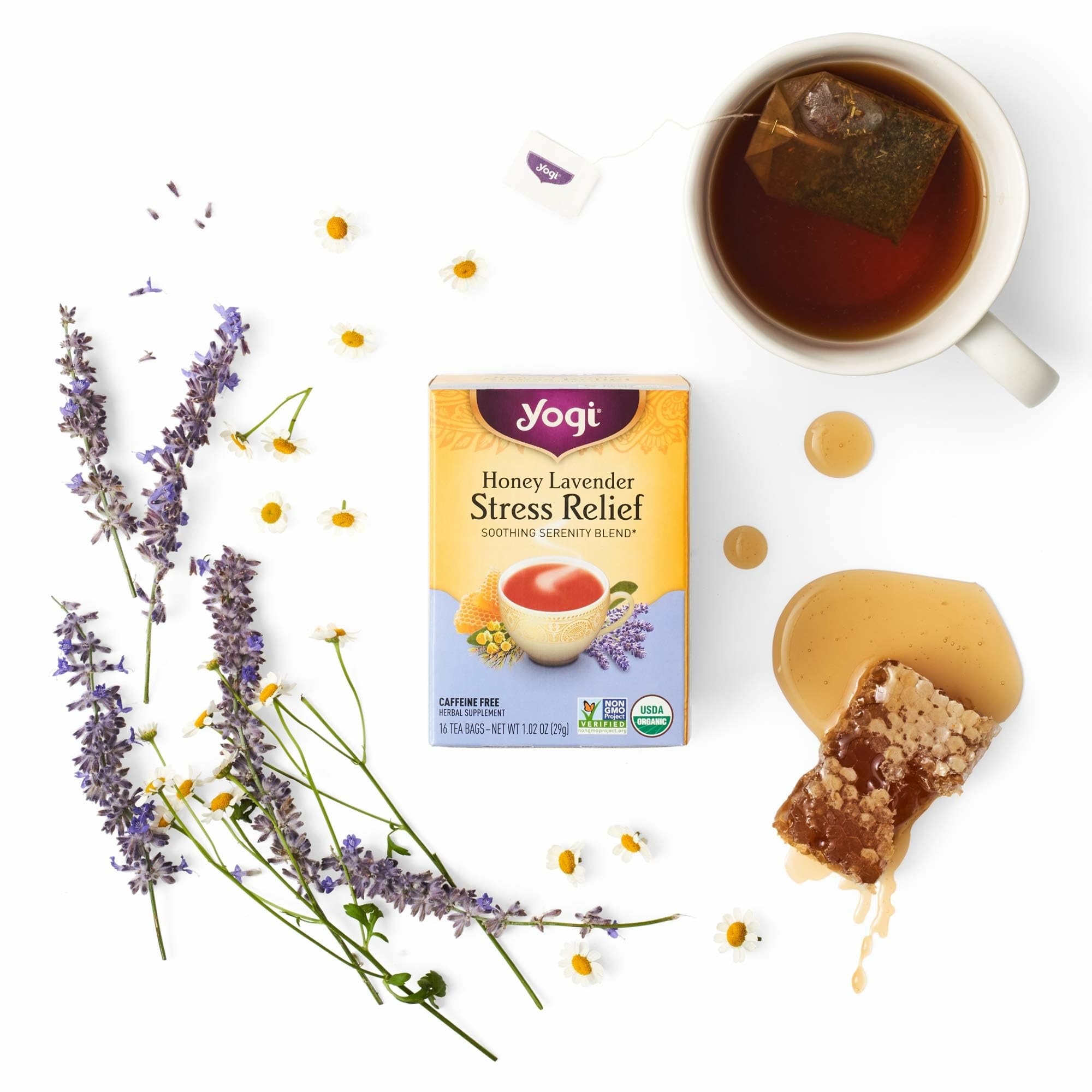 Yogi Tea steeped cup showing warm amber brew and inviting aroma.