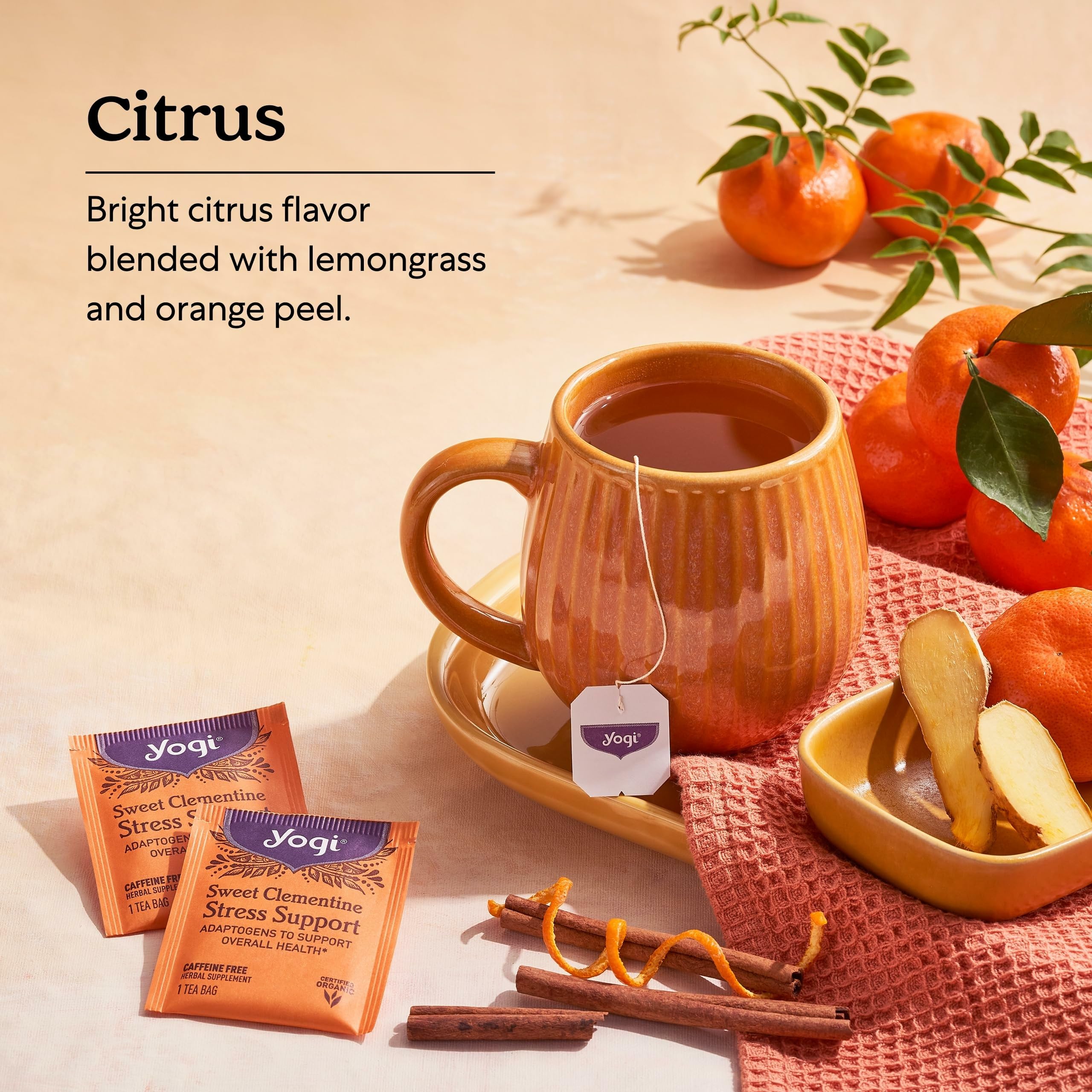 Ashwagandha root in Yogi Sweet Clementine blend for balance.