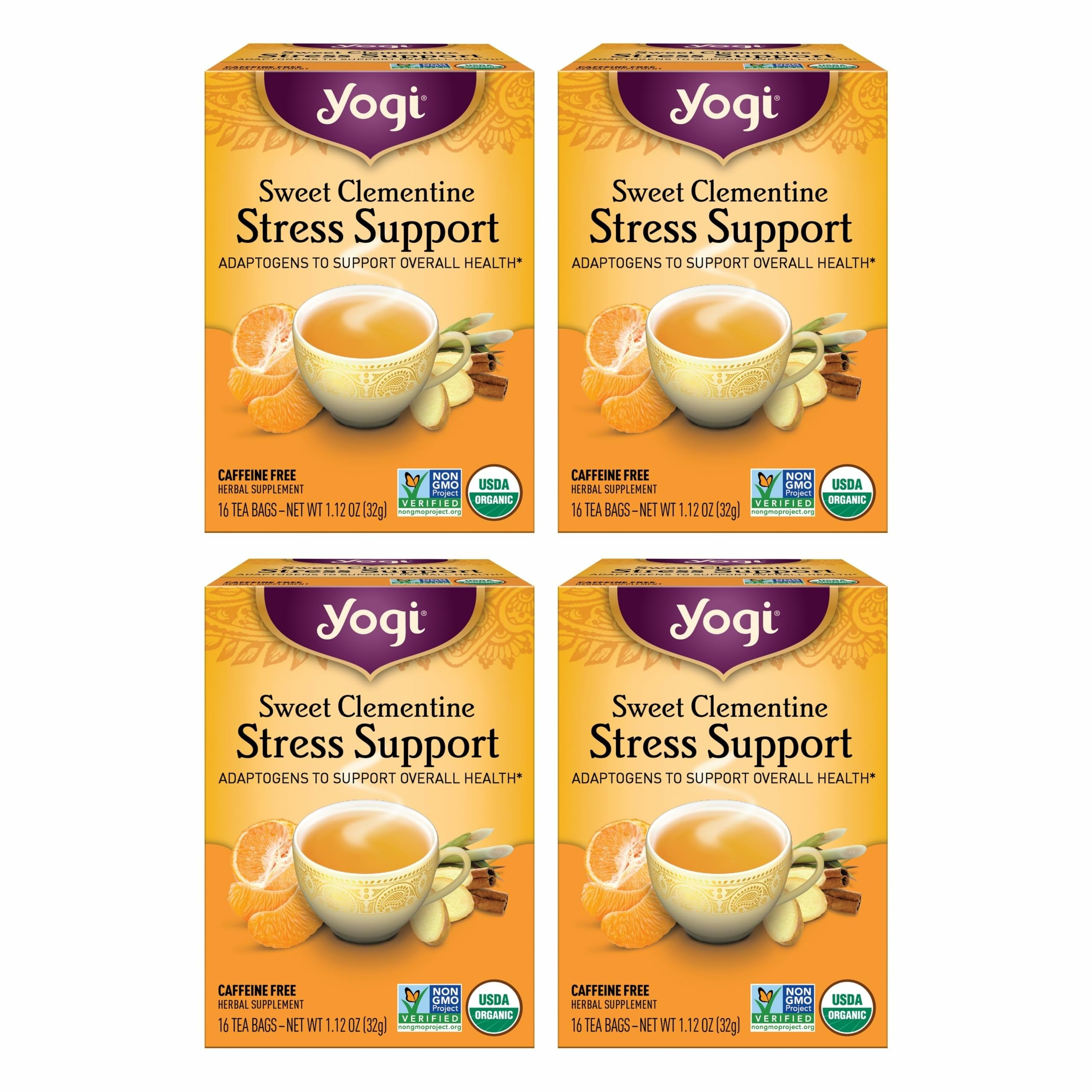 Yogi Sweet Clementine Stress Support box for convenient four-pack tea.