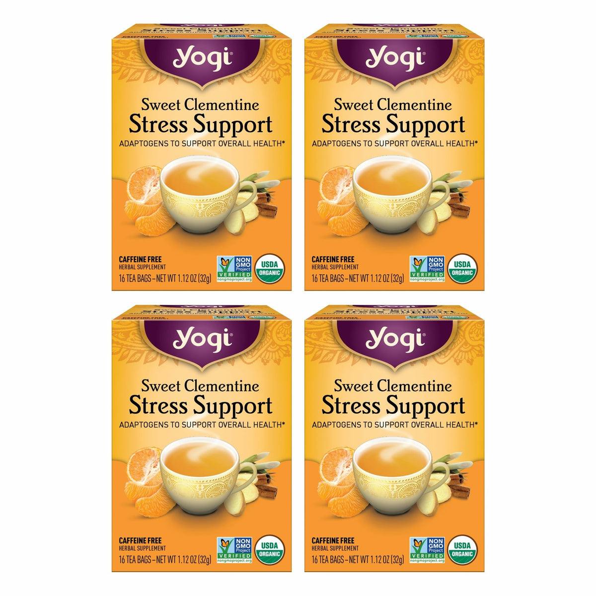Yogi Sweet Clementine Stress Support box for convenient four-pack tea.