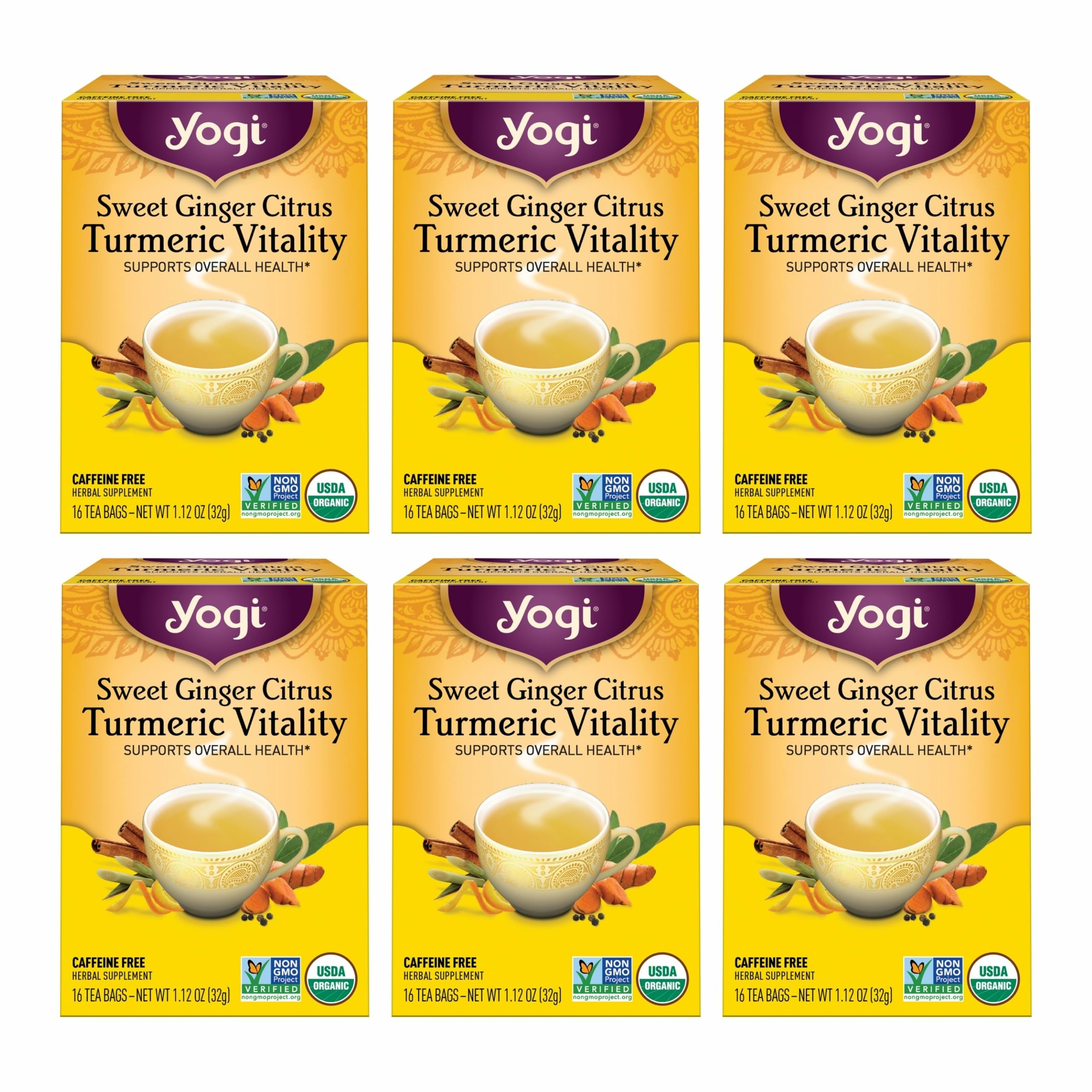 Yogi Sweet Ginger Citrus Turmeric Vitality six-pack bundle box.