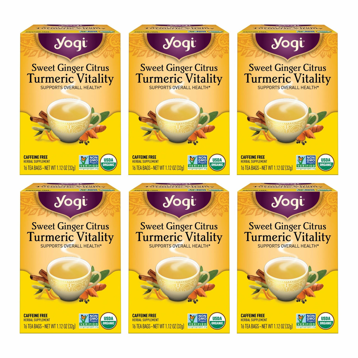 Yogi Sweet Ginger Citrus Turmeric Vitality six-pack bundle box.