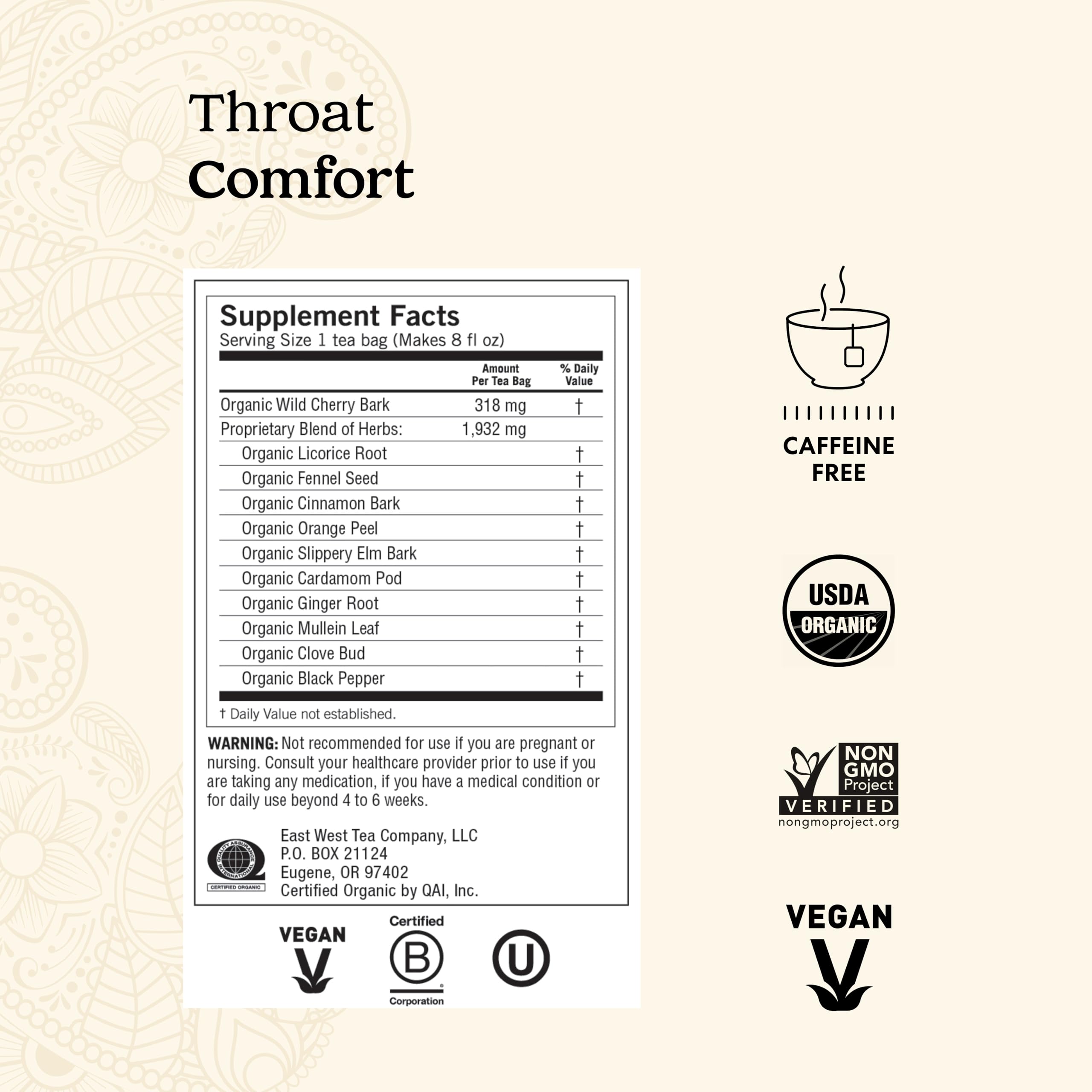 Front of Yogi Throat Comfort box highlighting caffeine-free herbal blend.