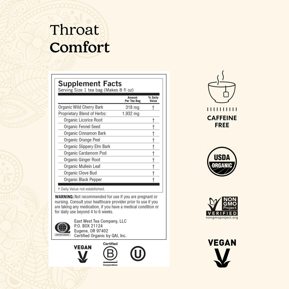 Yogi Throat Comfort tea bags close-up highlighting organic blend