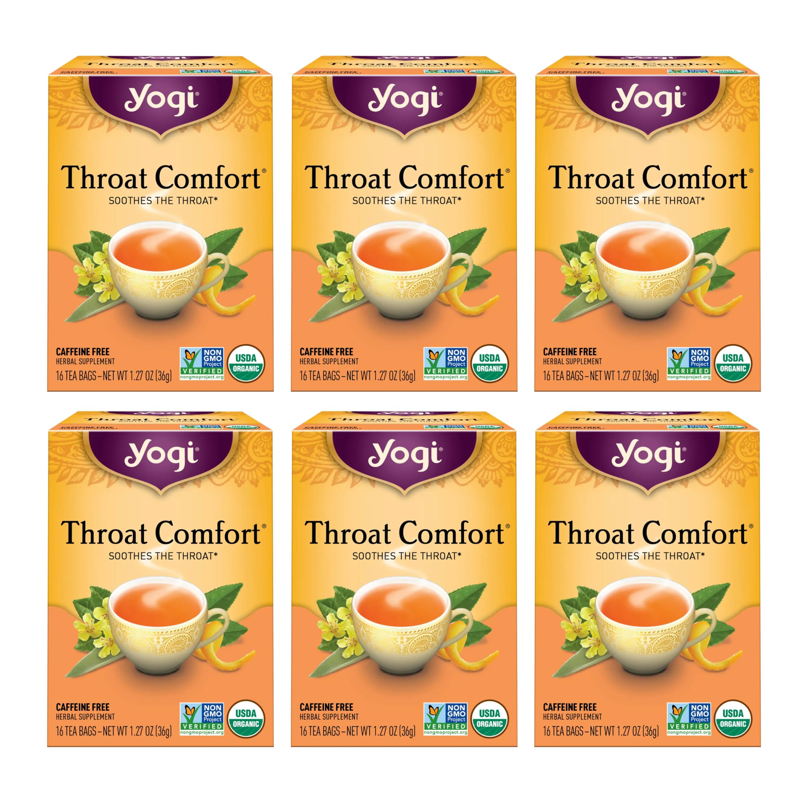 Yogi Throat Comfort tea bags in pack, ready for soothing cups.