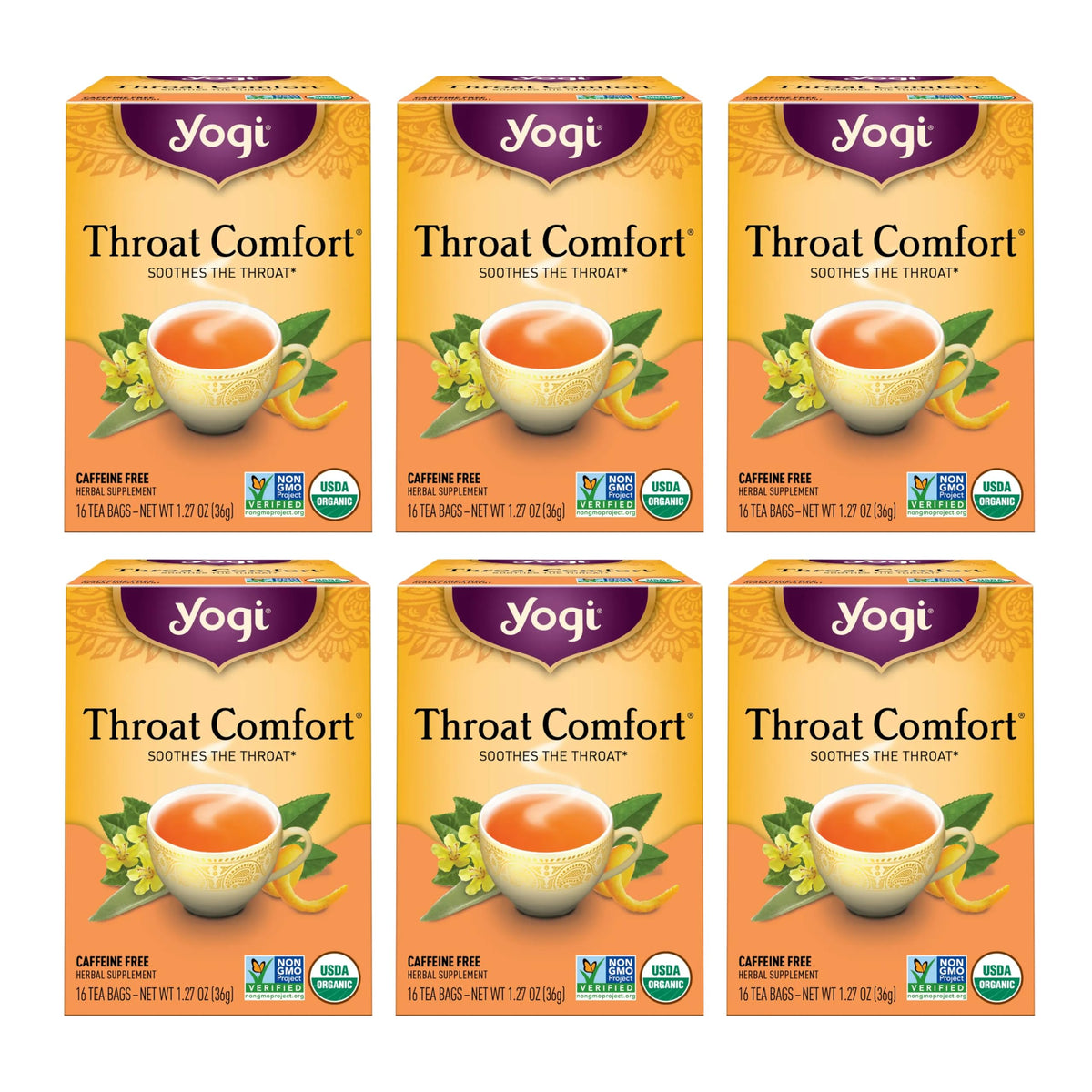 Yogi Throat Comfort tea bags in pack, ready for soothing cups.