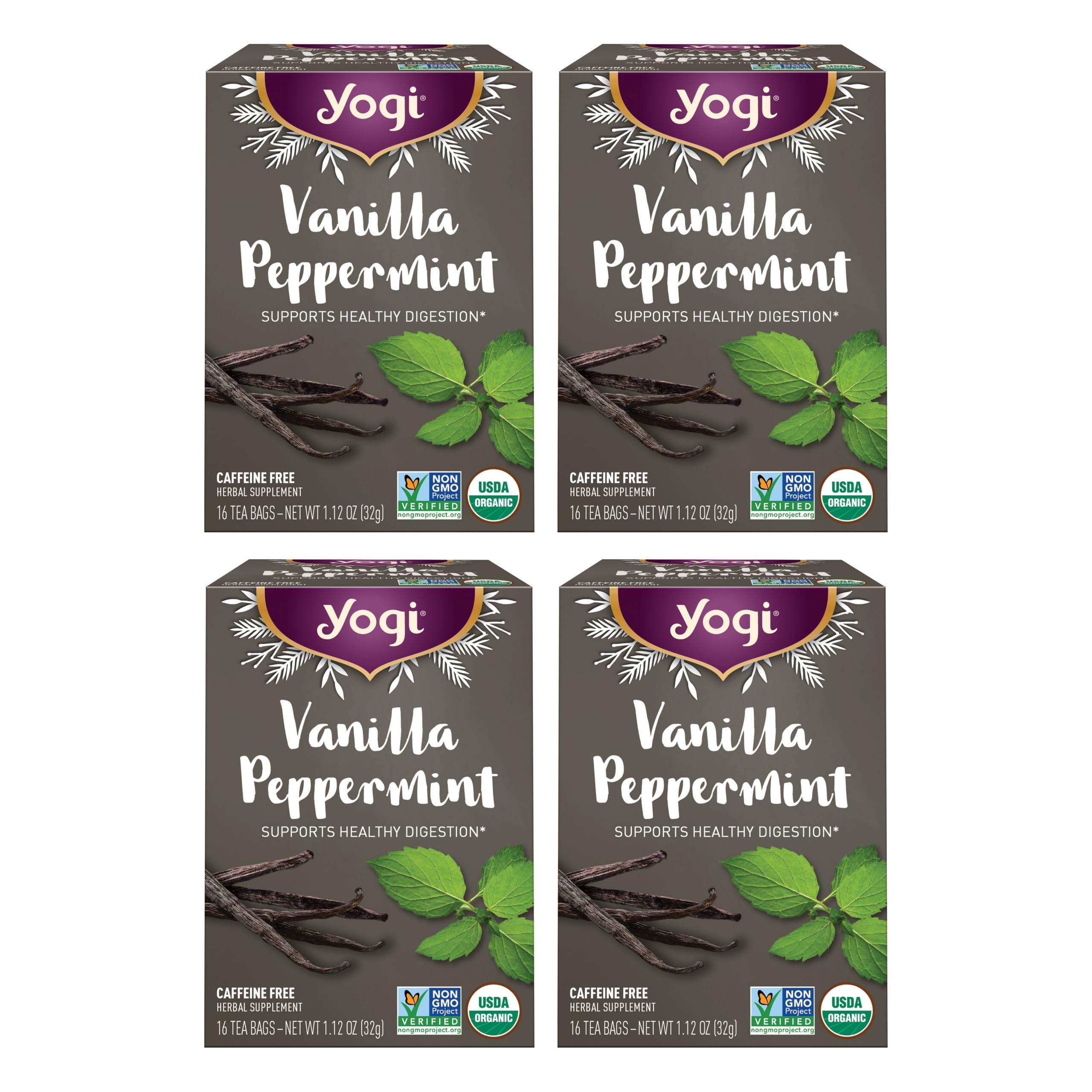 Yogi Vanilla Peppermint tea bags in festive box for cozy winter sipping