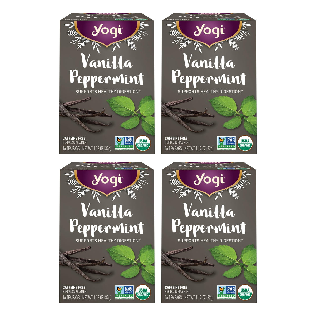 Yogi Vanilla Peppermint tea bags in festive box for cozy winter sipping