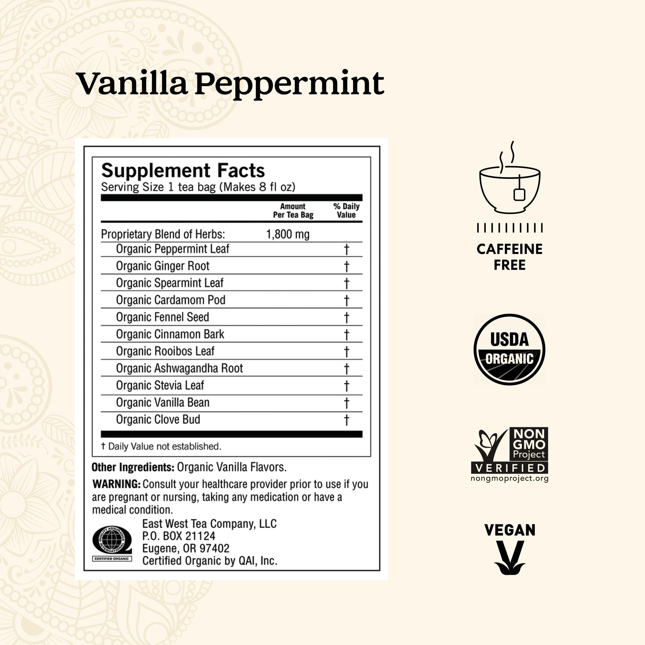 Yogi Vanilla Peppermint tea cup steeping to release peppermint aroma