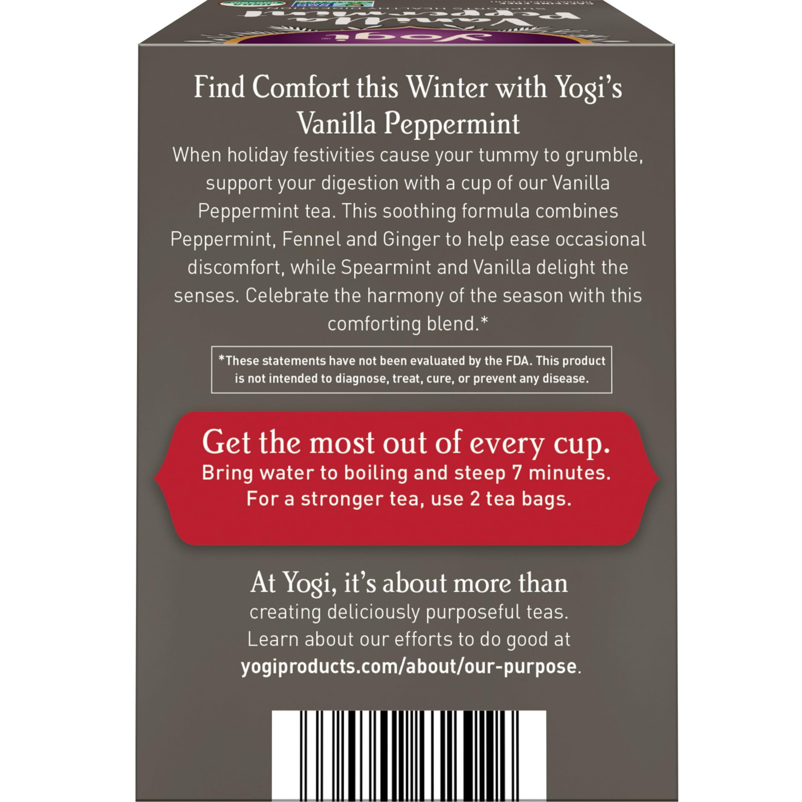 Yogi Vanilla Peppermint tea spices like ginger and fennel for a balanced sip