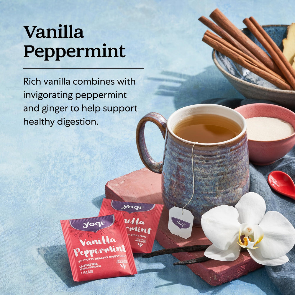 Yogi Vanilla Peppermint tea packaging highlighting organic, vegan, NON-GMO ingredients