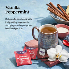 Yogi Vanilla Peppermint tea packaging highlighting organic, vegan, NON-GMO ingredients