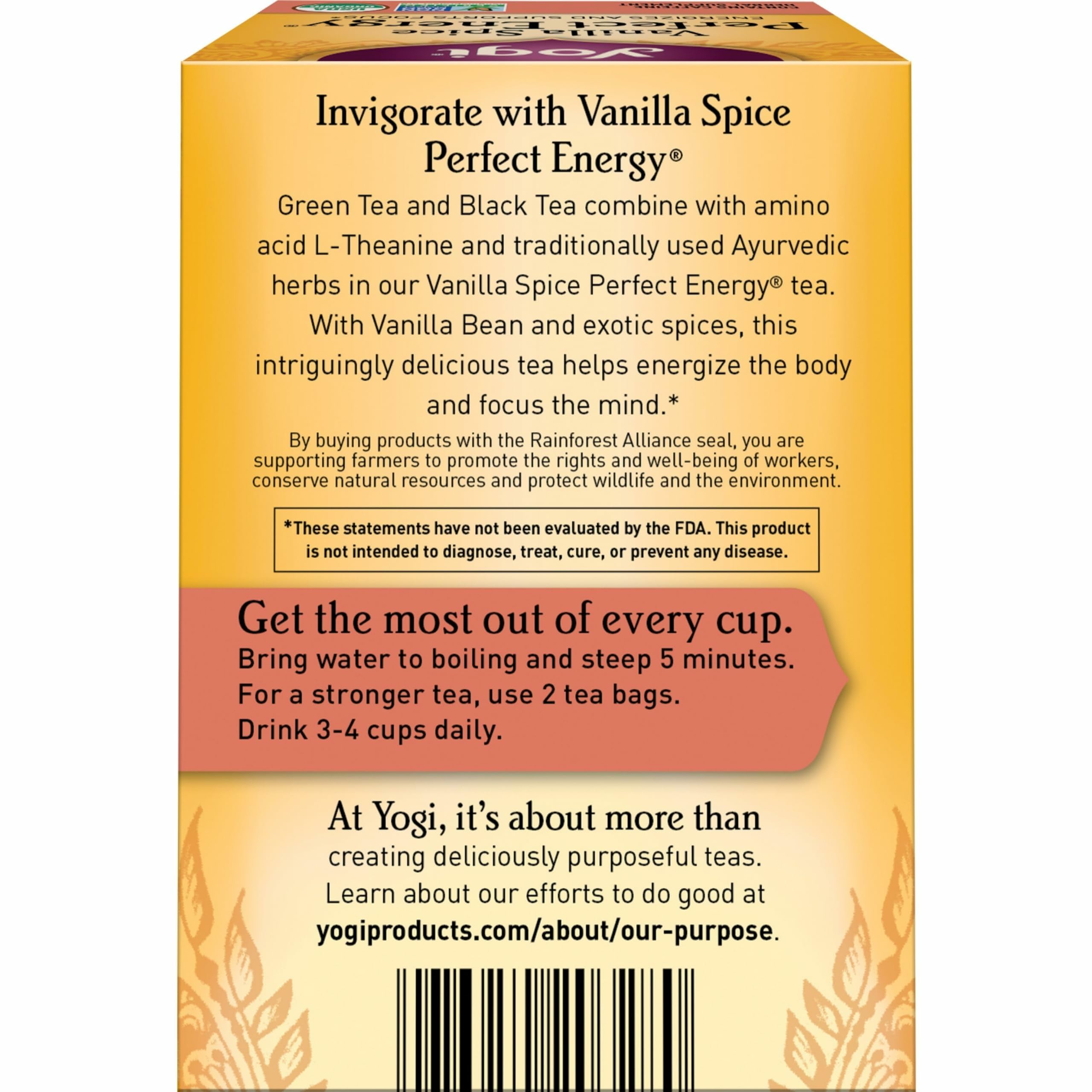Close-up of Yogi Vanilla Spice tea bag with vanilla bean and spices