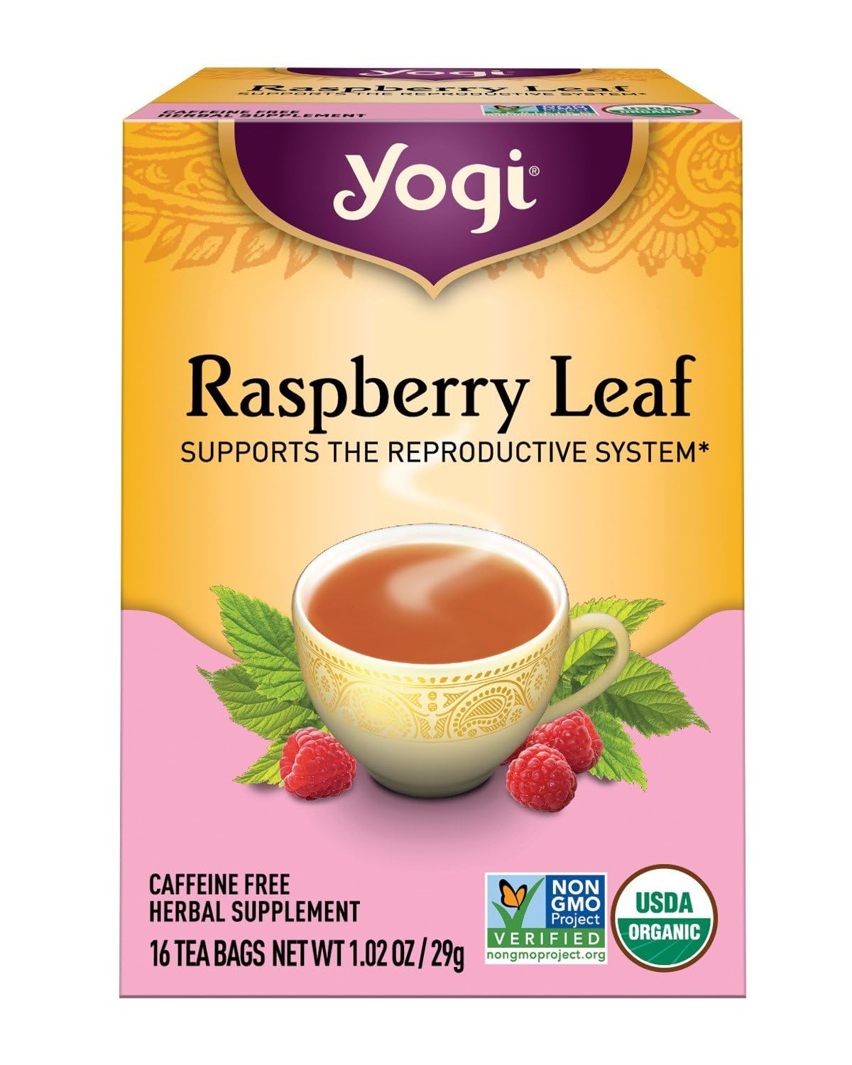 Yogi Woman’s Raspberry Leaf tea bag offers a gentle daily comfort with herbaceous aroma.