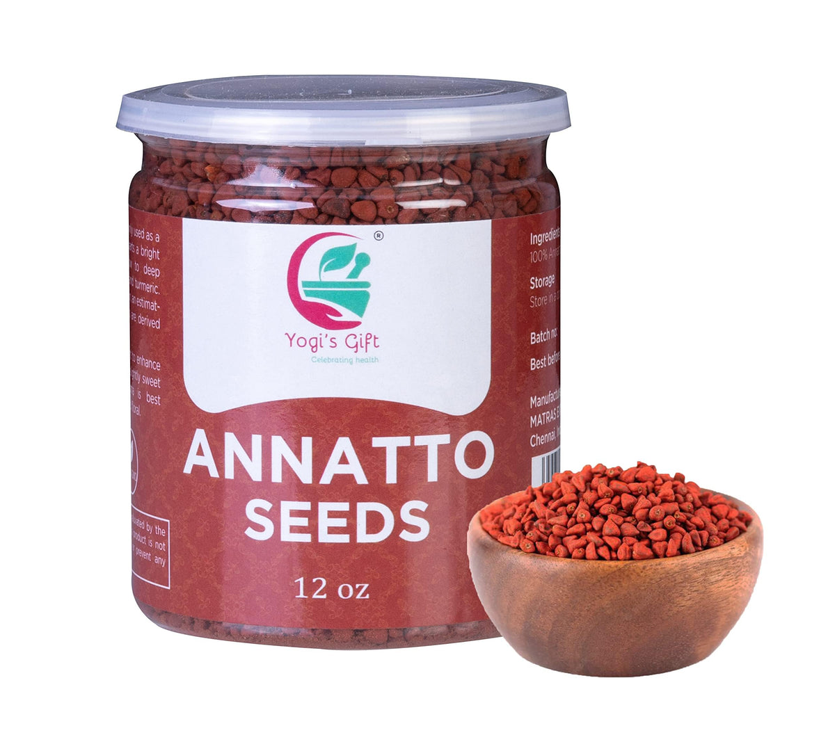 Yogi's Gift annatto seeds 12oz bottle adds vibrant color to recipes.