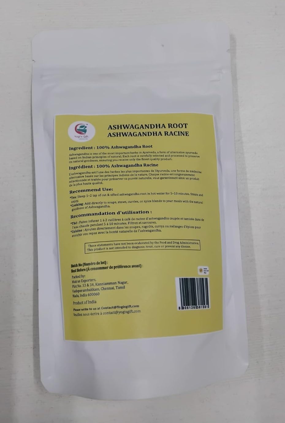 YOGI'S GIFT ashwagandha root designed for soothing tea infusion.