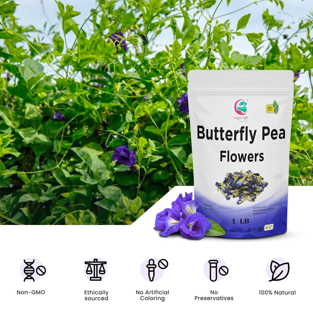Yogi's Gift sustainably sourced butterfly pea flowers - eco packaging.