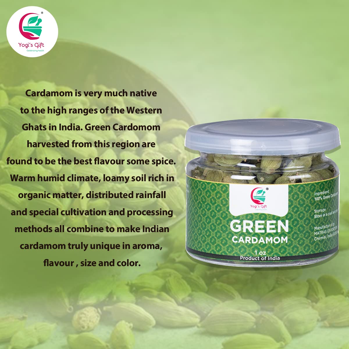 Yogi's Gift cardamom tea infusion for warm, aromatic beverages.