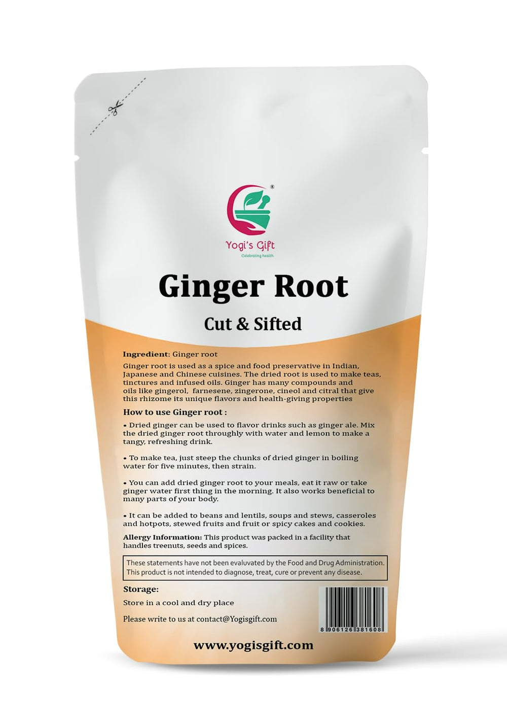 Yogi's Gift dried ginger root 4oz close-up reveals vibrant slices for spice blends.