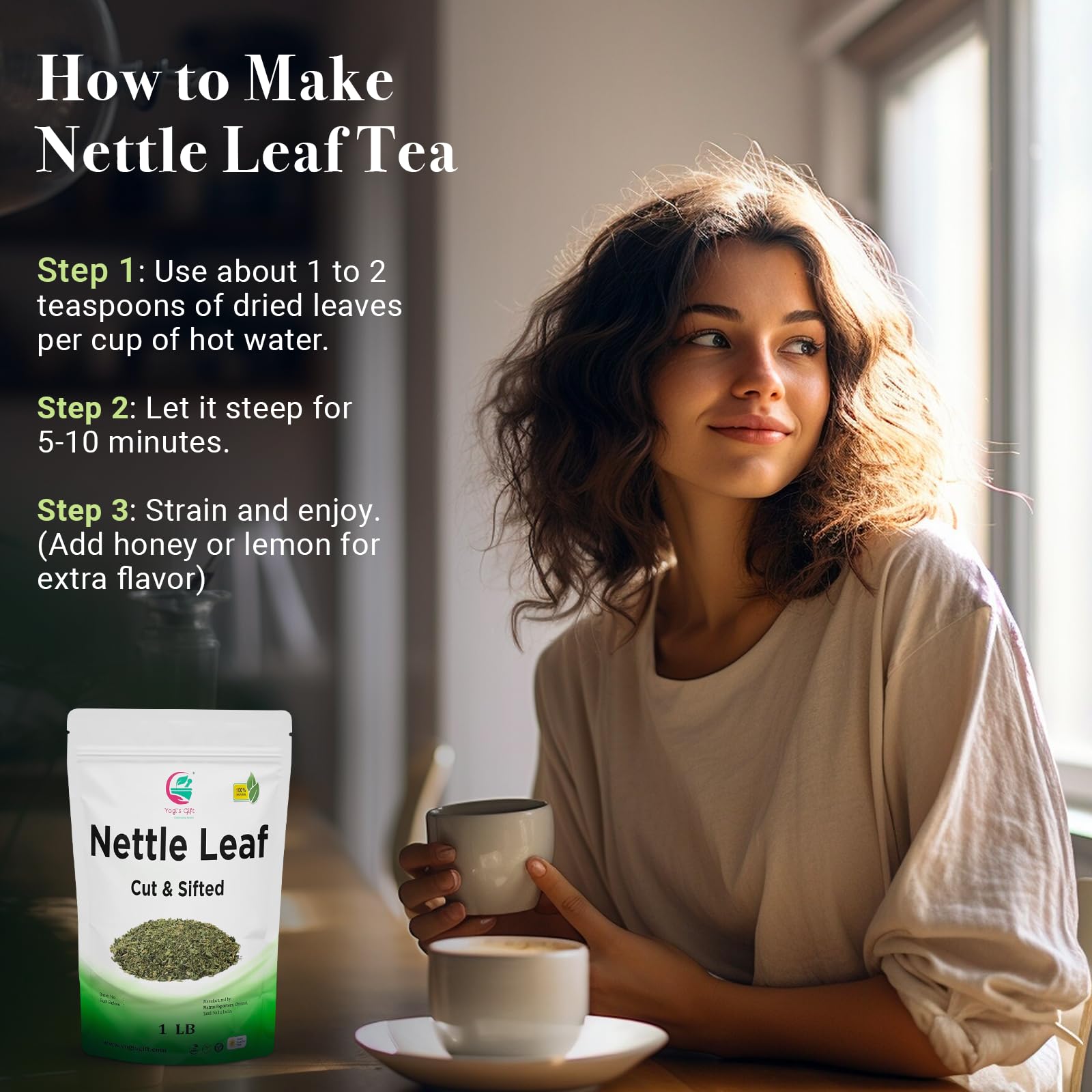 Yogi's Gift ethically sourced nettle leaves label emphasizing responsible sourcing