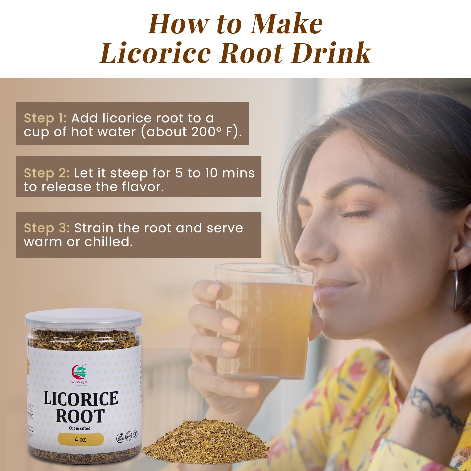 Yogi’s Gift licorice root aroma releasing during steeping.