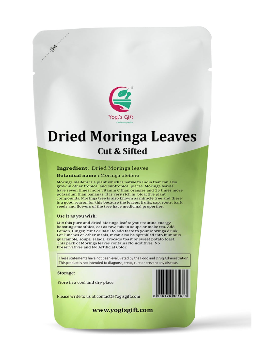 Yogi's Gift Moringa leaves loose ideal for tea infusion and light garnishes.