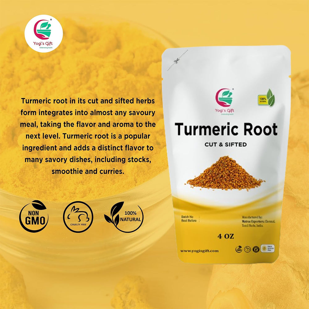 Yogis Gift turmeric tea uses cut-sifted pieces for flavorful brews
