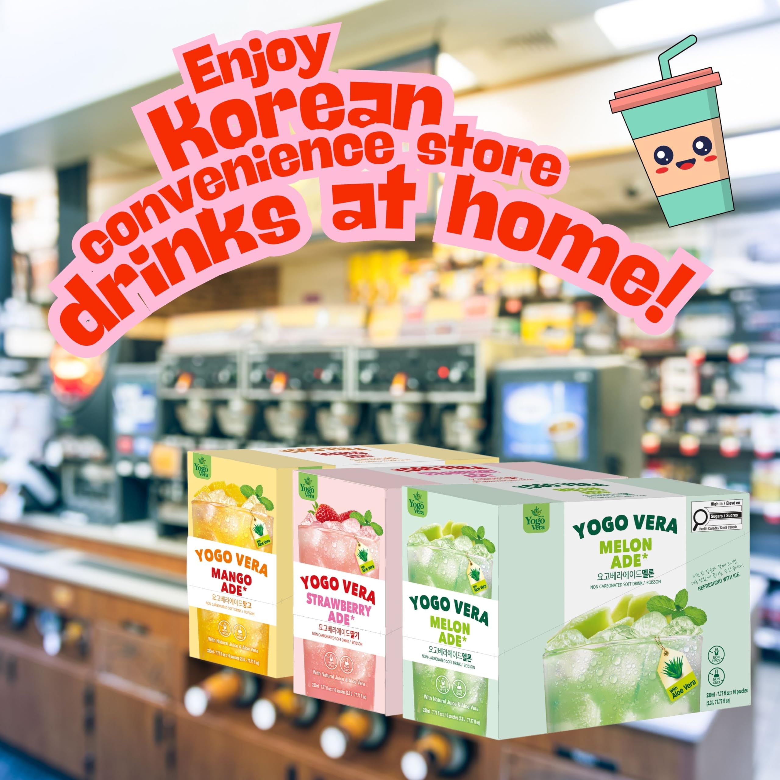 Yogo Vera Melon Ade packaging display, travel-friendly packaging