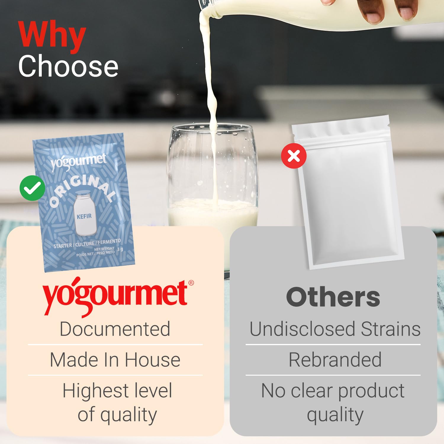 Yogourmet Kefir Starter kefir pouring into glass showing creamy texture.