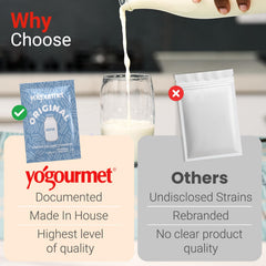 Yogourmet Kefir Starter kefir pouring into glass showing creamy texture.