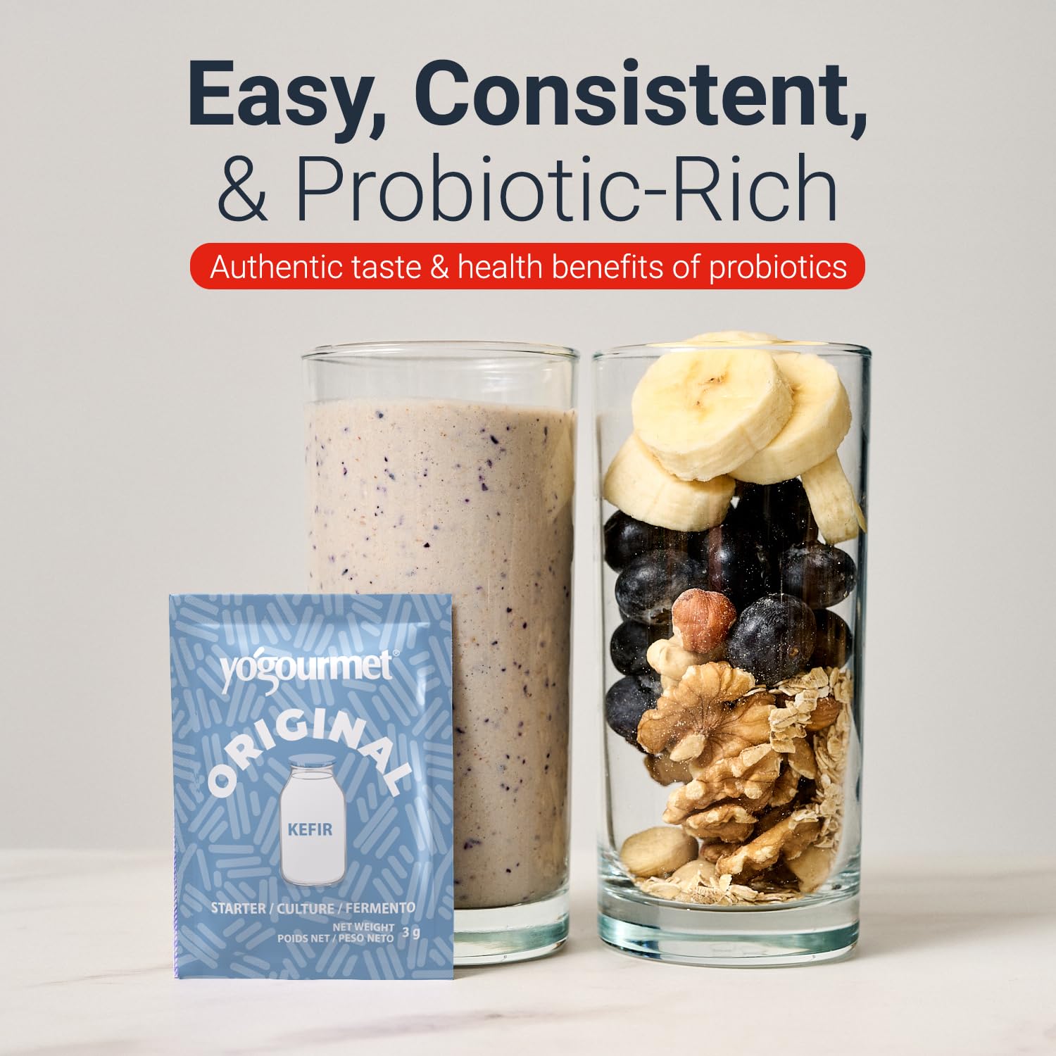 Yogourmet Kefir Starter natural ingredients label highlights gluten free and halal/kosher.