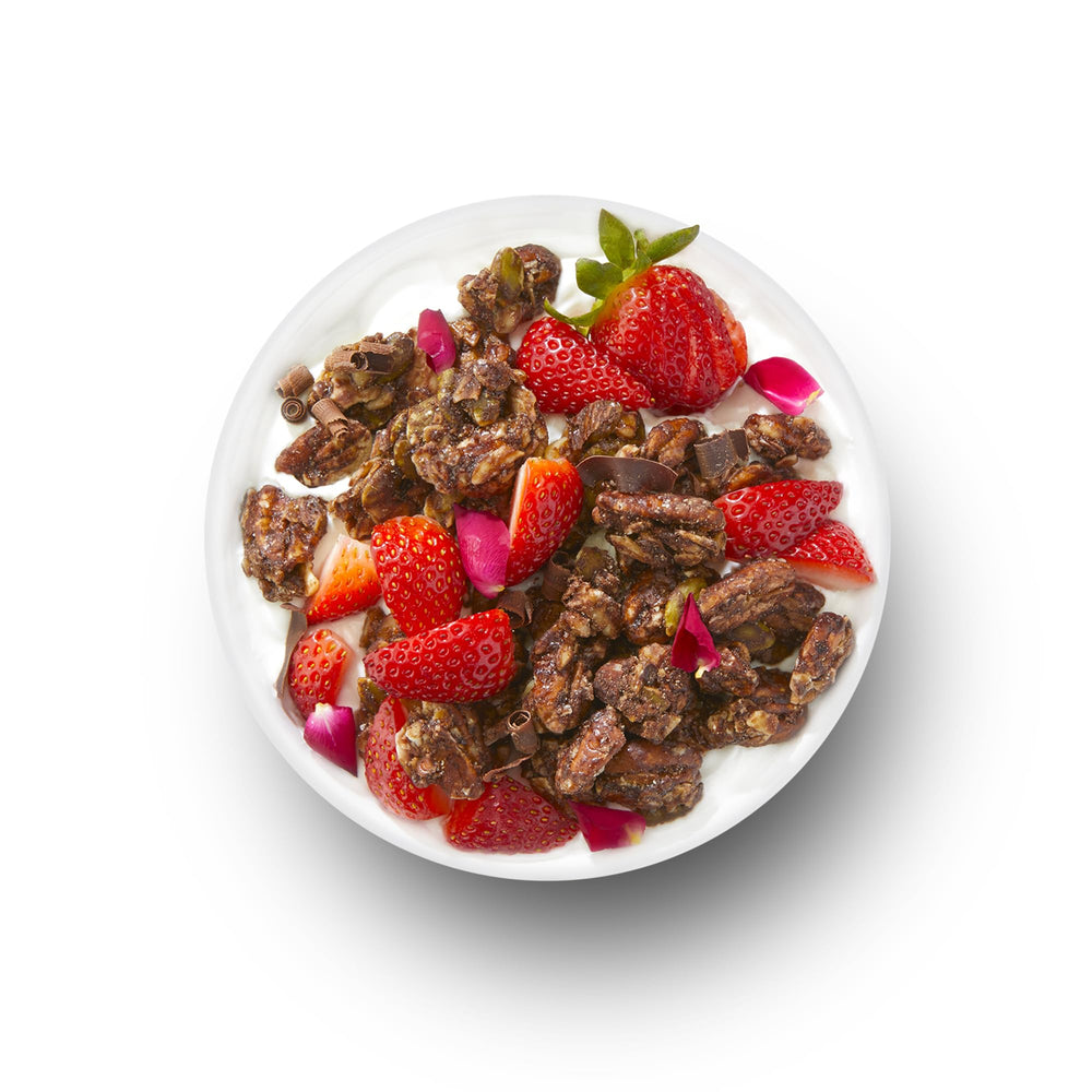 YOLEEZ TGB Chocolate Keto Granola bowl with crispy nuts and cacao.