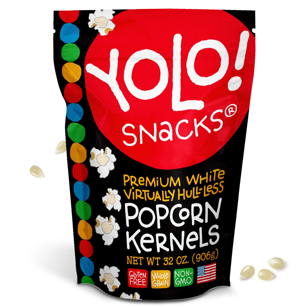 YOLO! Gourmet hulless popcorn bag close-up, fresh packaging for easy storage and snack prep.