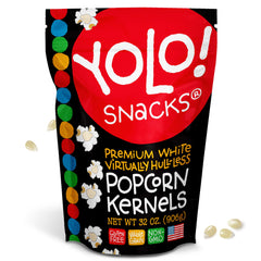 YOLO! Gourmet hulless popcorn bag close-up, fresh packaging for easy storage and snack prep.