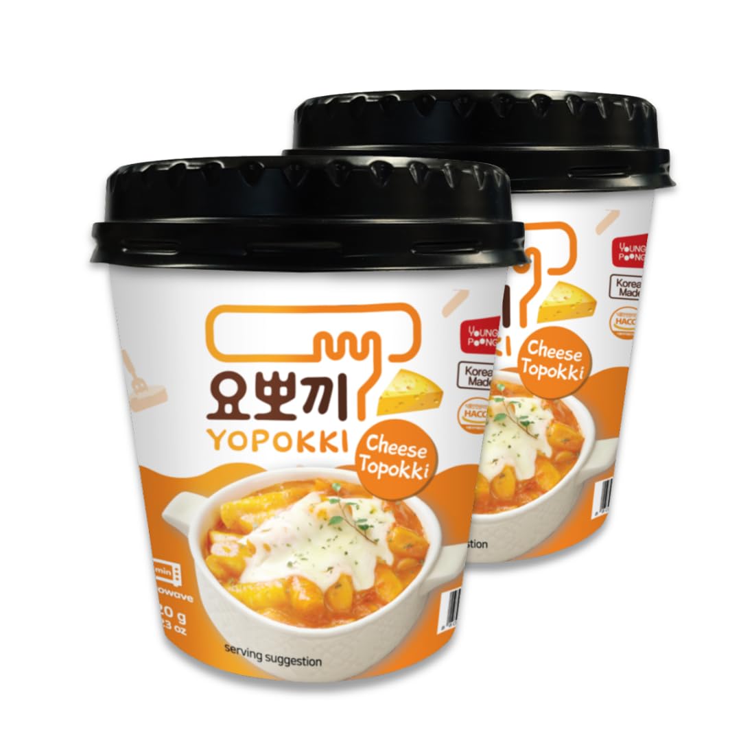 Yopokki instant tteokbokki cup shown in a dorm kitchen for quick, microwavable snacking.