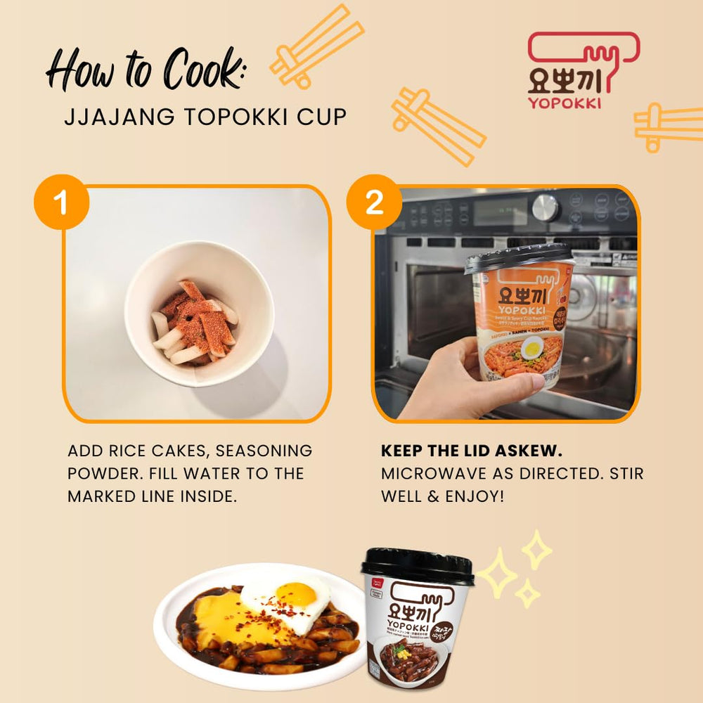 Yopokki Tteokbokki cup shows jjajang sauce swirl on rice cakes.