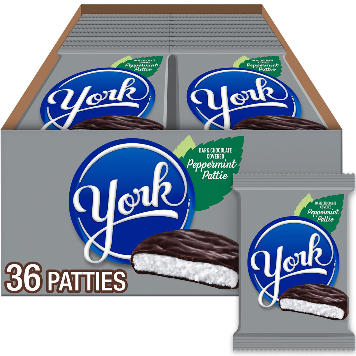 York dark chocolate peppermint patties bulk box ready for sharing at parties.