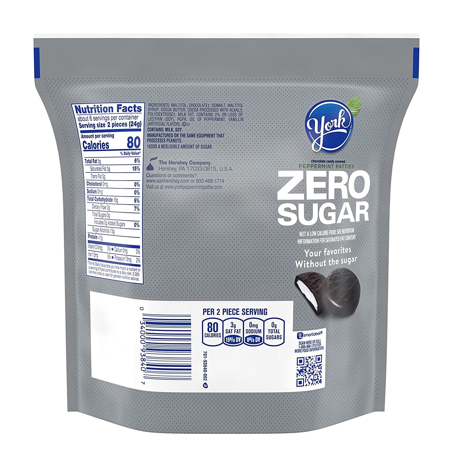 York Zero Sugar Patties bag back shows ingredients and serving ideas for gatherings.