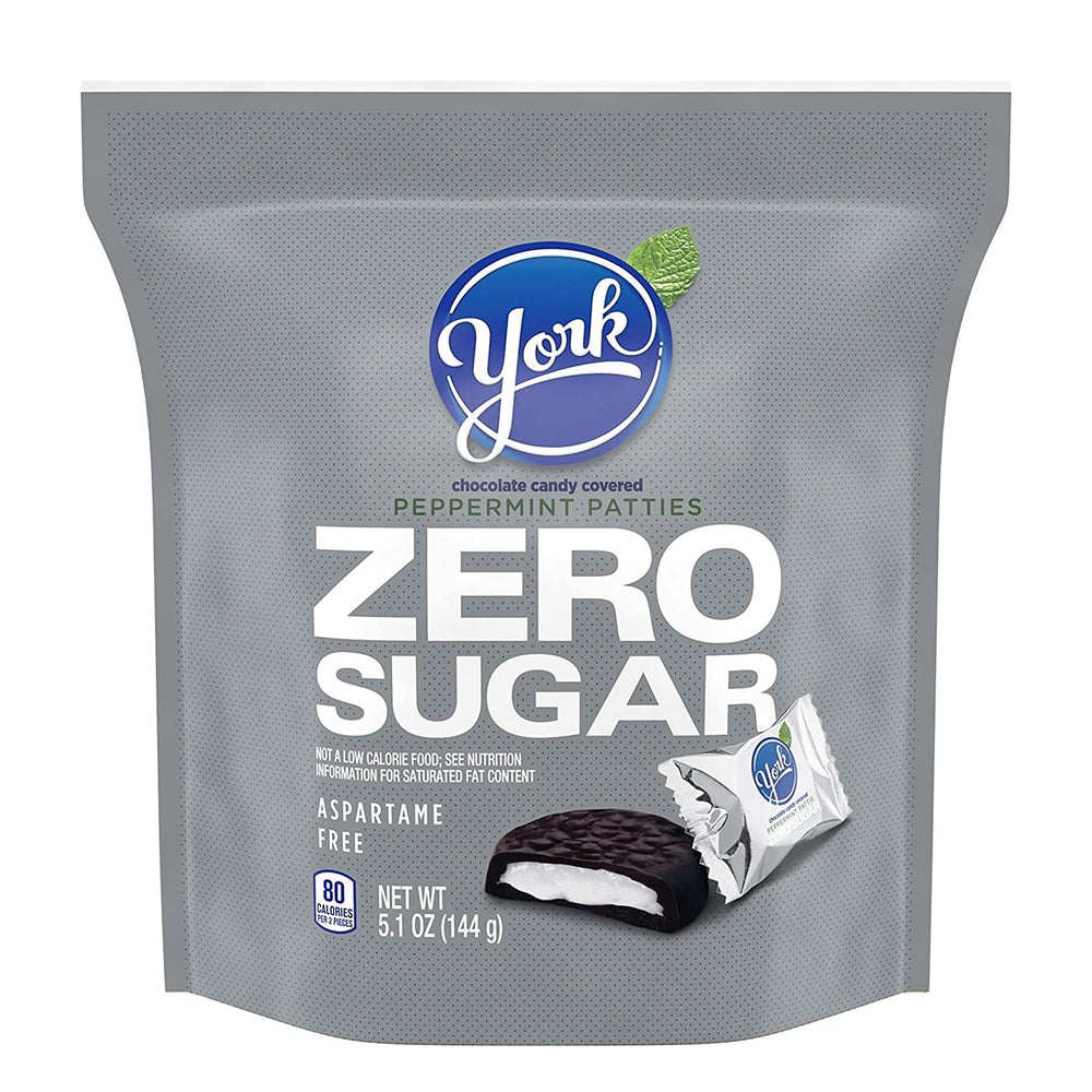 York Zero Sugar Patties bag front highlights zero sugar for mindful snacking.