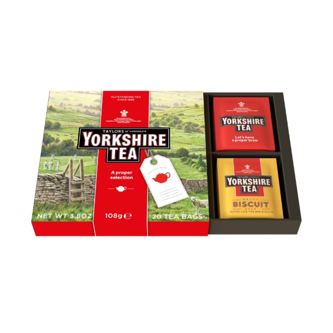 Yorkshire Tea assorted teas sampler box shows four flavors, a perfect gift for tea lovers.
