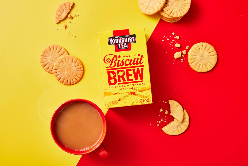 Mug of Yorkshire Tea Biscuit Brew, a cozy biscuit-flavored break