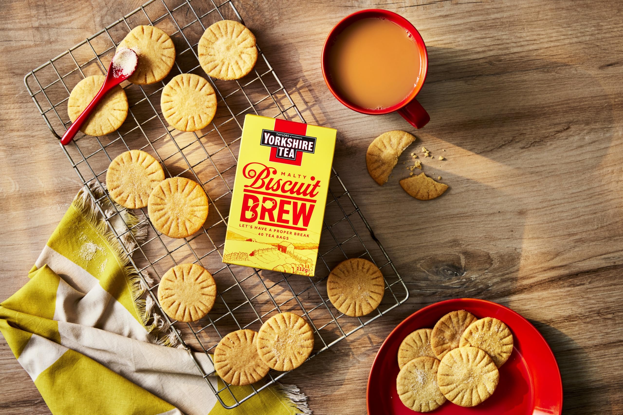 Close-up of Yorkshire Tea Biscuit Brew tea bag steeping, delivering gentle sweetness