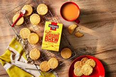 Close-up of Yorkshire Tea Biscuit Brew tea bag steeping, delivering gentle sweetness