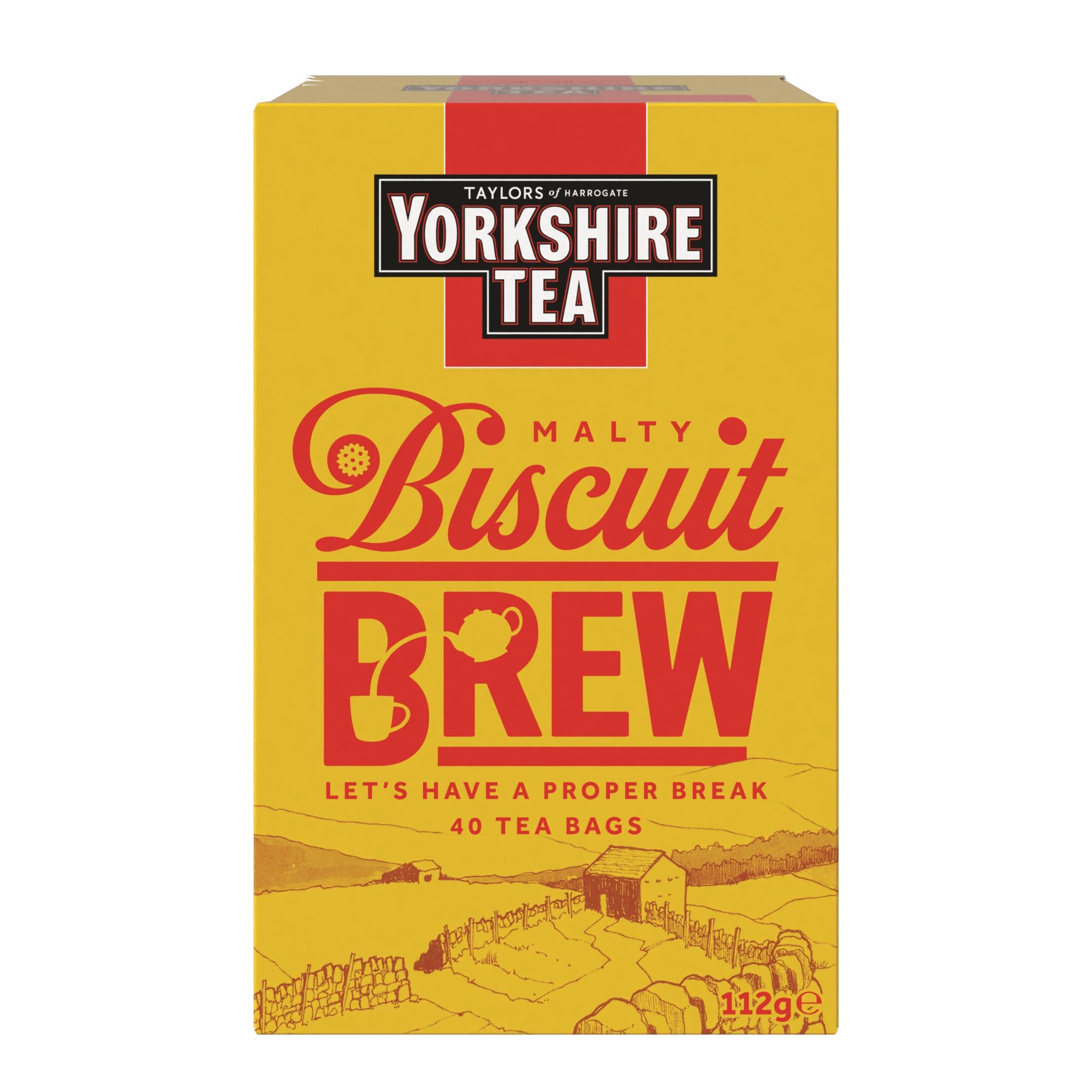 Yorkshire Tea Biscuit Brew tea bags in box, inviting cozy biscuit-flavor comfort.